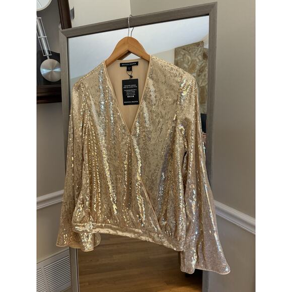 Boston Proper Gold Sequin Surplice‎ Wrap Blouse Sz M Sparkly Glam Disco - Picture 2 of 7
